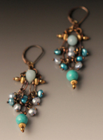 dangling earrings ofopal,turquoise and pearl.